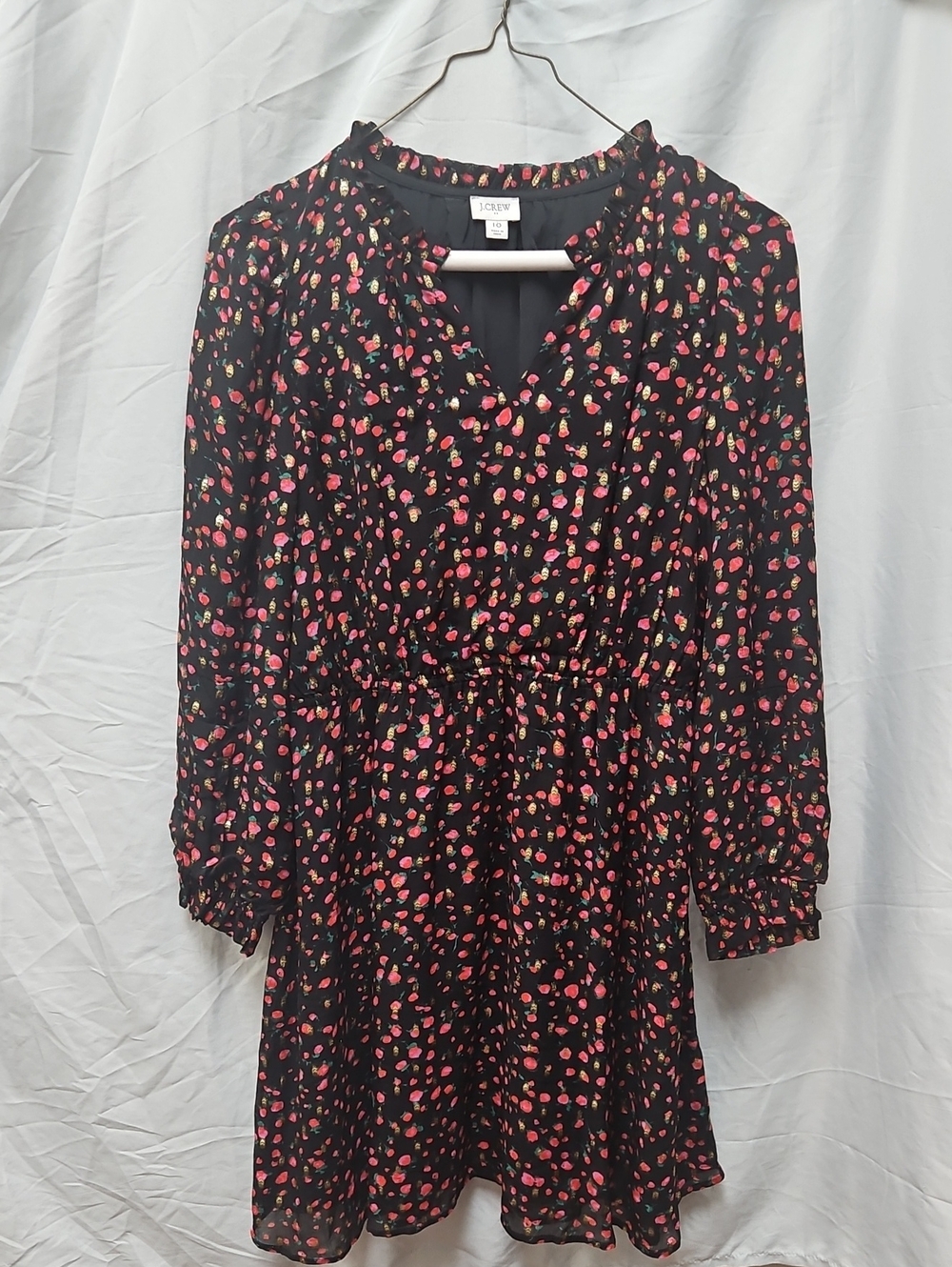 J. Crew Black Floral V-Neck Long-Sleeve Dress